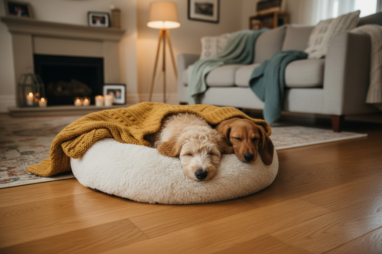Two dogs sleeping in cosy plush beds