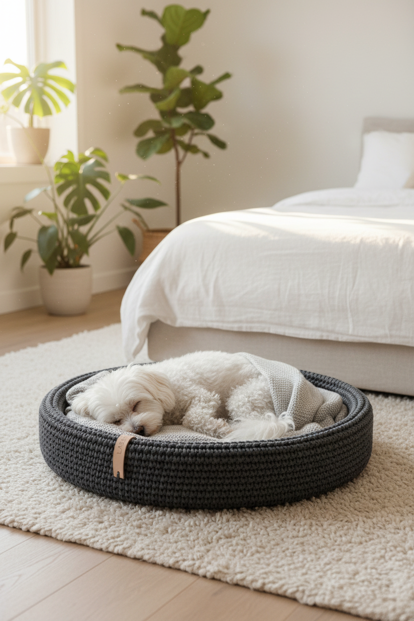 Small white dog sleeping in the Lukko anthracite dog basket in a bright Scandinavian bedroom