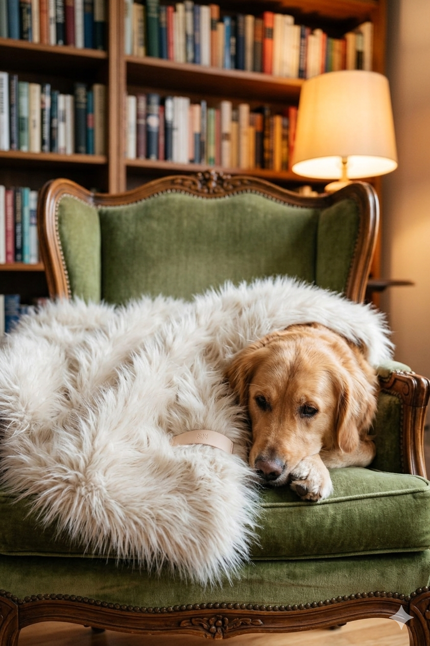 Föra faux fur pet blanket in white with Golden Retriever resting on green velvet armchair, cozy library setting

