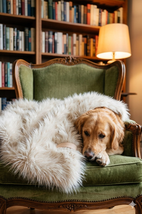 Föra faux fur pet blanket in white with Golden Retriever resting on green velvet armchair, cozy library setting


