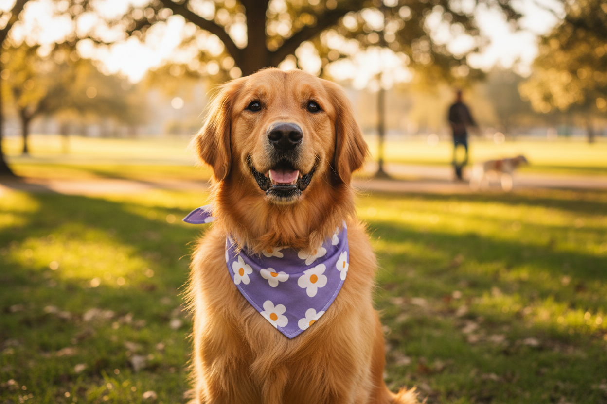 Golden Retriever wearing daisy bandana in park