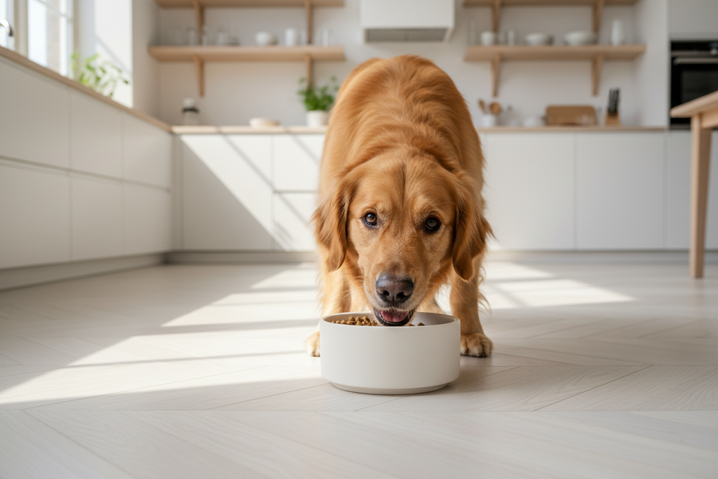 Happy Golden Retriever Scandi kitchen