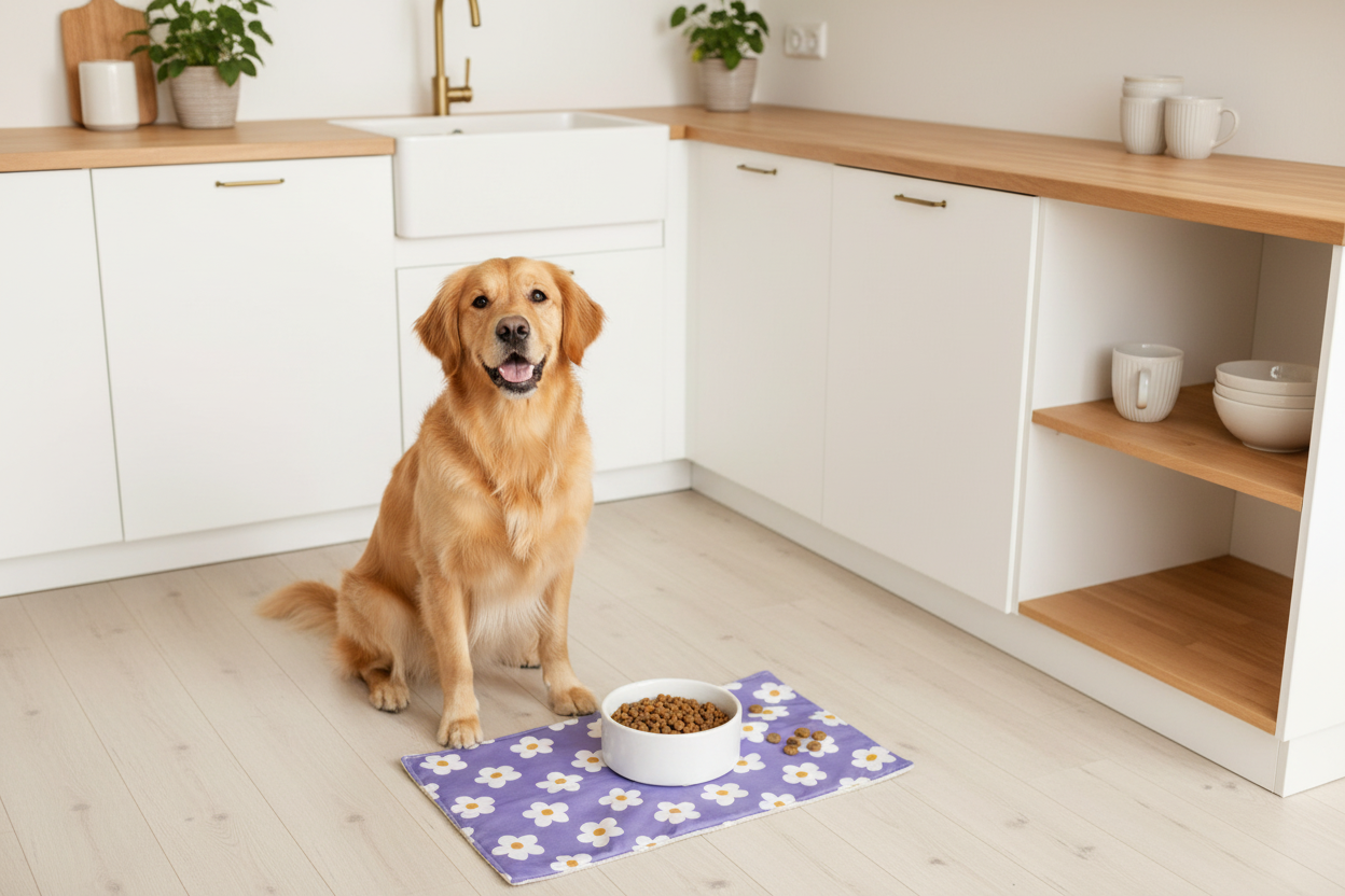 Golden retriever looking up next to ceramic bowl on daisy lunch mat in Scandinavian kitchen