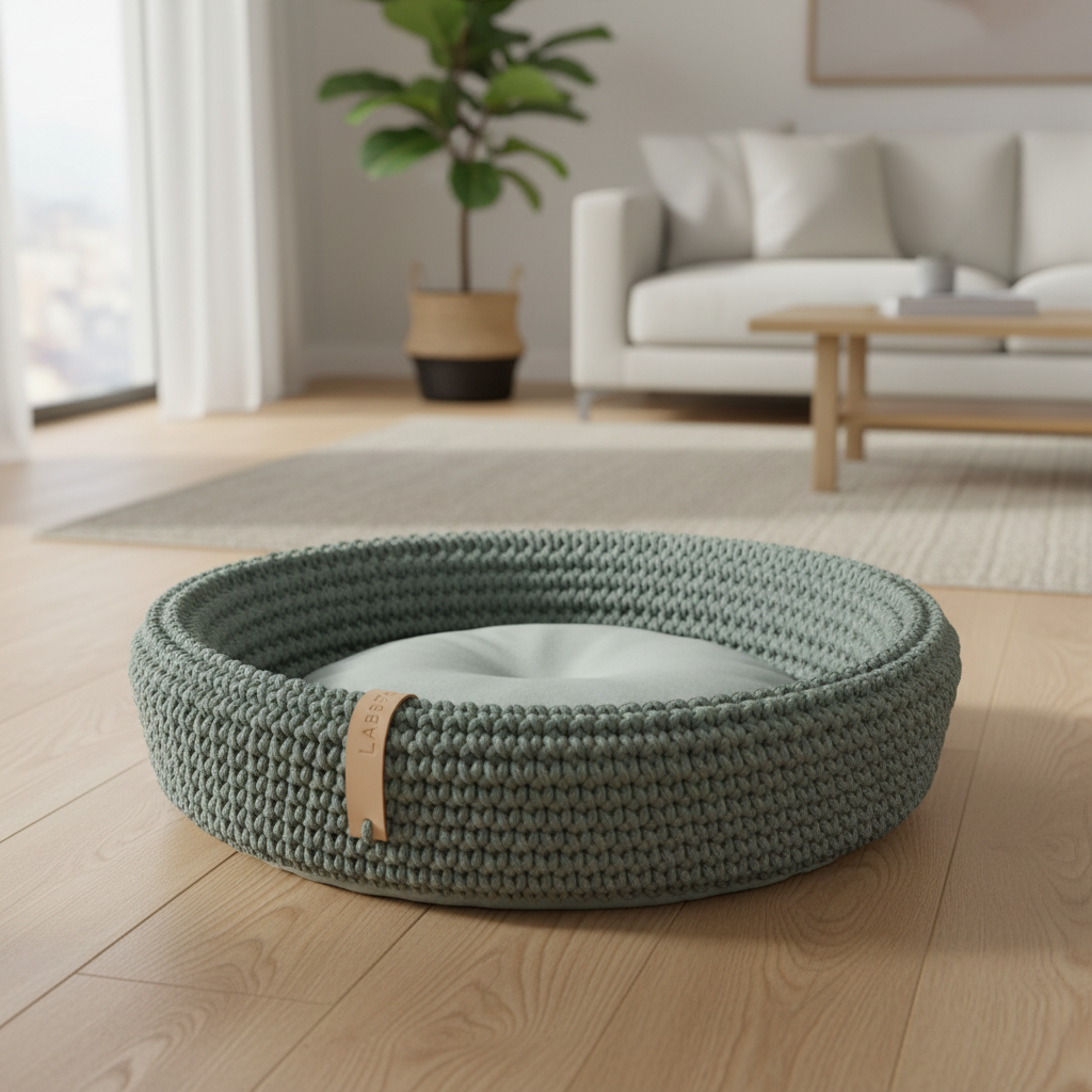 Coco Basket green hand-woven cotton rope dog bed centered on light oak floor in sunlit modern living room