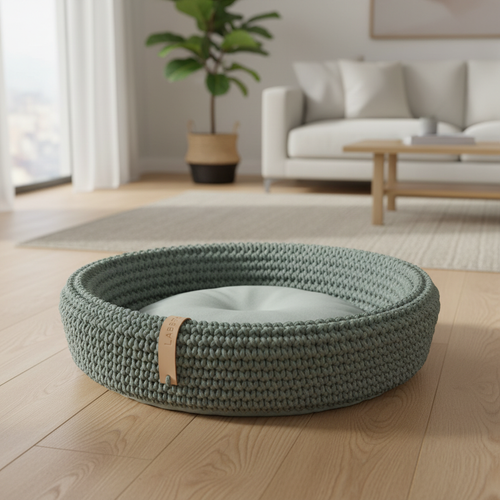 Coco Basket green hand-woven cotton rope dog bed centered on light oak floor in sunlit modern living room