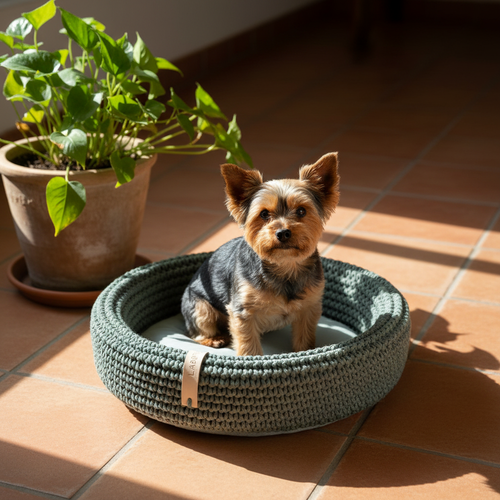 Coco Basket dog bed in green with a Yorkshire Terrier inside, on terracotta floor with a potted plant