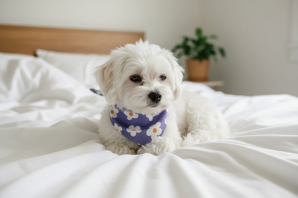 Fluffy white dog wearing purple daisy bandana indoors on white linen