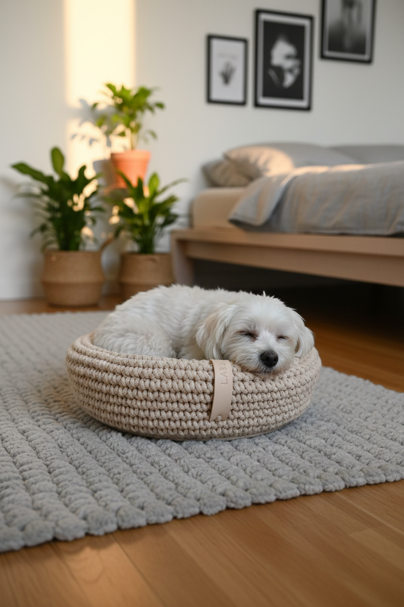 Maltese dog in Coco beige basket, cosy bedroom setting