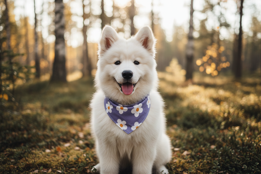 Small dog wearing daisy bandana outdoors